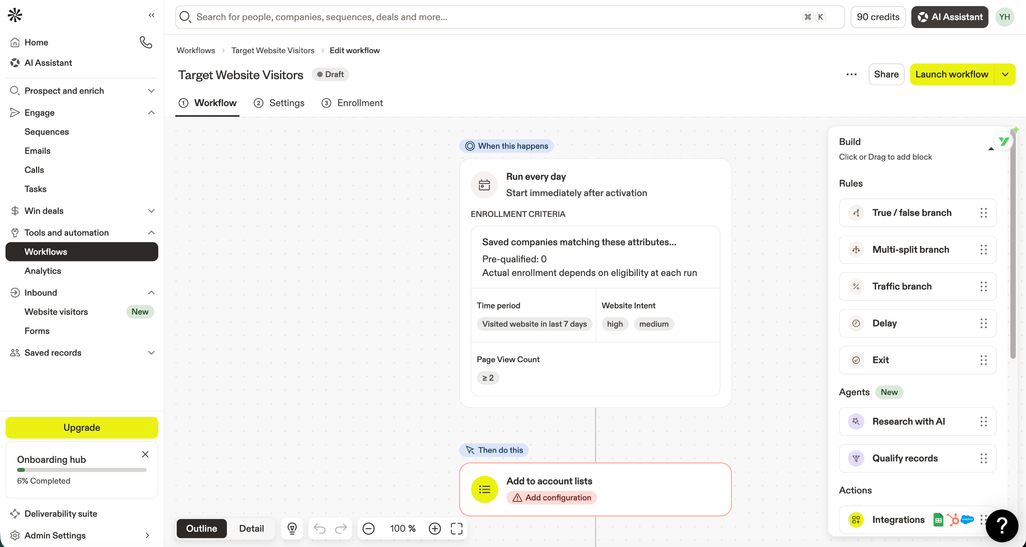 Apollo website visitor workflow using intent conditions, branching, AI research, and account qualification