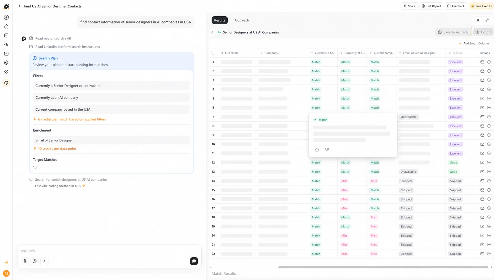 Lev8 waterfall enrichment workflow showing redacted contact enrichment results, verification status, and CRM-ready fields
