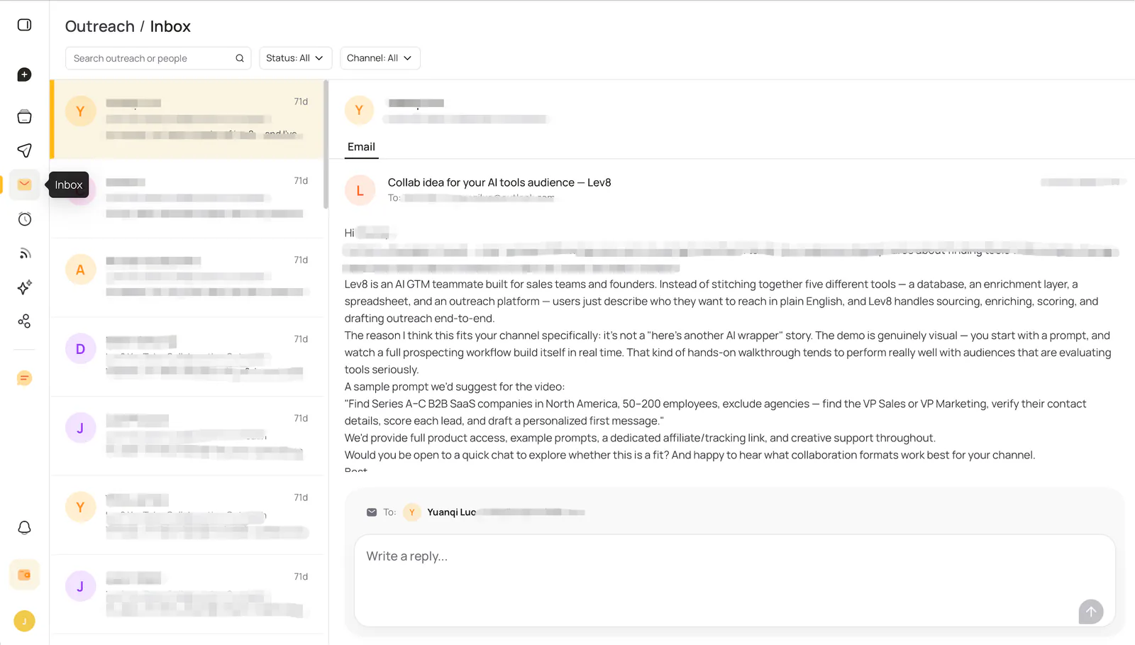 Lev8 Outreach Inbox with a contact conversation and individual reply composer.
